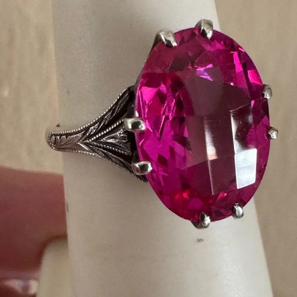 Art Deco 8 Carat Pink Sapphire Sterling Checkerboard Cut Ring - Picture 12 of 13